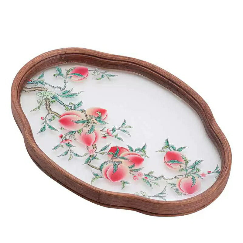 みずみずしい桃の絵柄 ガラス トレー トレイ ガラス 盛器 寿桃 九桃 木フレーム 雲型 楕円 花柄 30cm デザートトレー お皿 ガラスプレート 木 カフェトレー ガラス ティートレー 配膳トレー カフェプレート レトロでかわいい ガラス皿 木枠オリエンタル盆 IwaiLoft