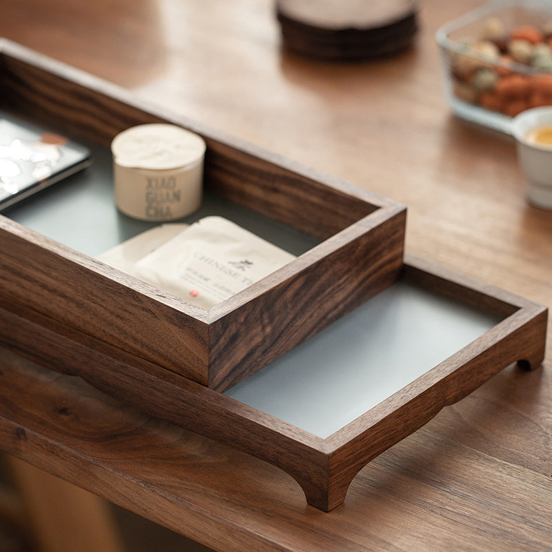 IwaiLoft 合意 一つで2役 ティートレー&収納ケース ウールナット ガラストレー クルミ材 卓上 収納ケース 小物収納 おしゃれ 玄関収納 アクセサリートレー お家カフェ インテリア 小物入れ 茶道具 中国茶器 茶盤