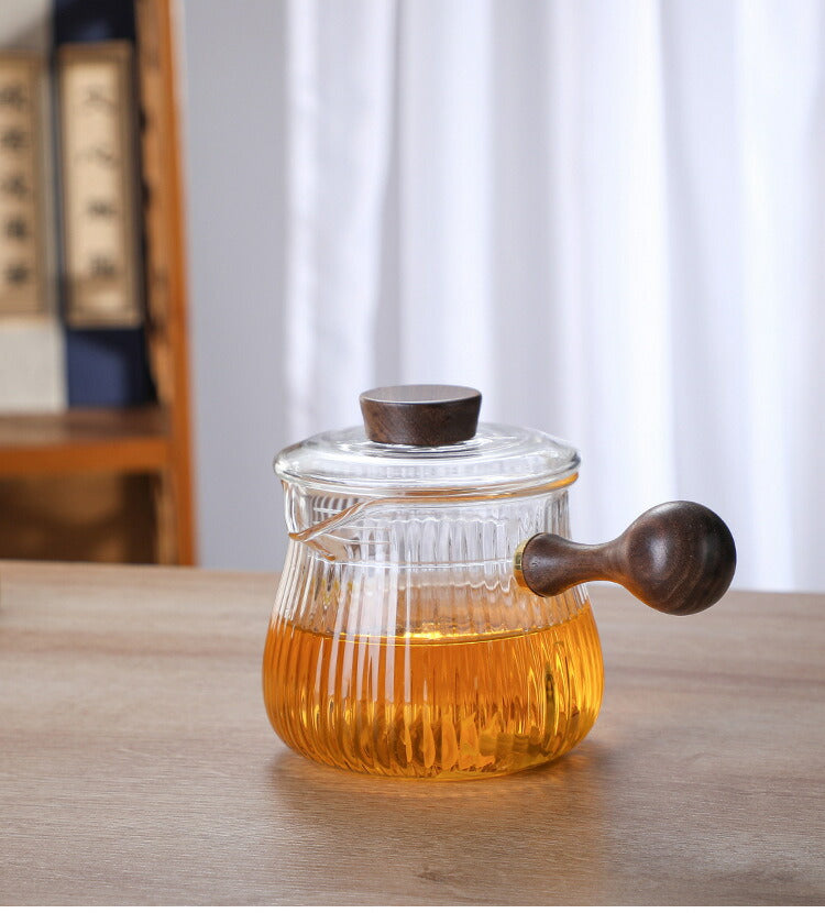 IwaiLoft ワンタッチ ティーポット 耐熱ガラス ガラスティーポット コーヒーサーバー 横手 ガラスポット ガラス急須 400ml ガラス 急須 ガラスポット 平急須 広口 湯冷まし 紅茶ポット 日本茶 ルイボスティー 緑茶 リーフティーポット ハーブティーポット おすす め 直火可