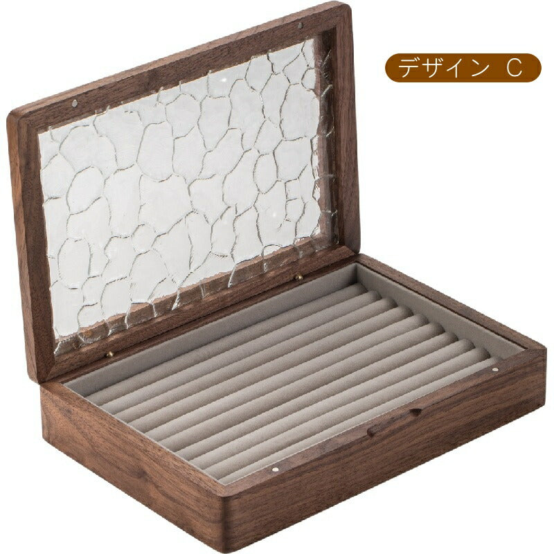 IwaiLoft 大切な物を美しいウッドケースに!ジュエリーボックス アクセサリーケース 大容量 仕切り調整 1段 木製 波模様 ウールナット ガラス ウッドケース おしゃれ 高級 宝石箱アクセサリー 収納 ケース 指輪 リング/ピアス/ネックレス/メガネ/時計収納 小物収納 玄関