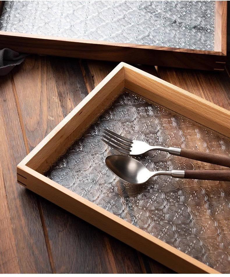 IwaiLoft 銘木 トレー ガラス ティートレー フローラガラス コーヒートレー カフェトレー トレイ 配膳トレー 羽反 天然木 ウールナット 長方形 木のトレー アクセサリートレー おしゃれ シノワ・レトロ アクセサリー収納 ディスプレイトレー 小物入れ 書道用具