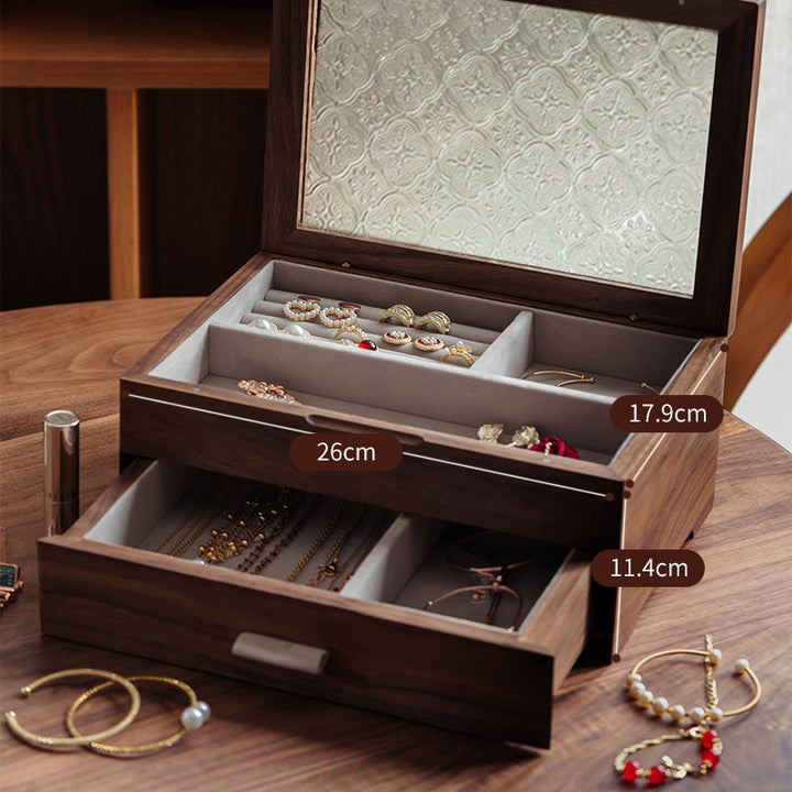 大切な物を美しいウッドケースに!ジュエリーボックス アクセサリーケース 大容量 仕切り調整 2段 木製 ウールナット ガラス ウッドケース おしゃれ 高級 宝石箱アクセサリー 収納 ケース 指輪 リング/ピアス/ネックレス/メガネ/時計収納 小物収納 玄関 IwaiLoft