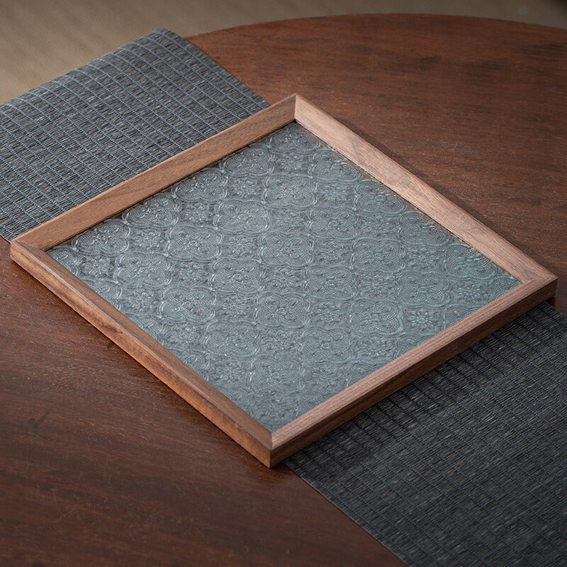 IwaiLoft フローラガラス コースター 茶托 ウールナット 木製 トレー トレイ 正方形 角形 10cm 20cm カフェトレー ガラス ティートレー おしゃれ お家カフェ 胡桃の木 お盆 おしゃれ インテリア 小物入れ