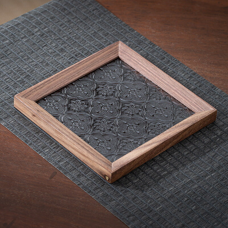 IwaiLoft フローラガラス コースター 茶托 ウールナット 木製 トレー トレイ 正方形 角形 10cm 20cm カフェトレー ガラス ティートレー おしゃれ お家カフェ 胡桃の木 お盆 おしゃれ インテリア 小物入れ