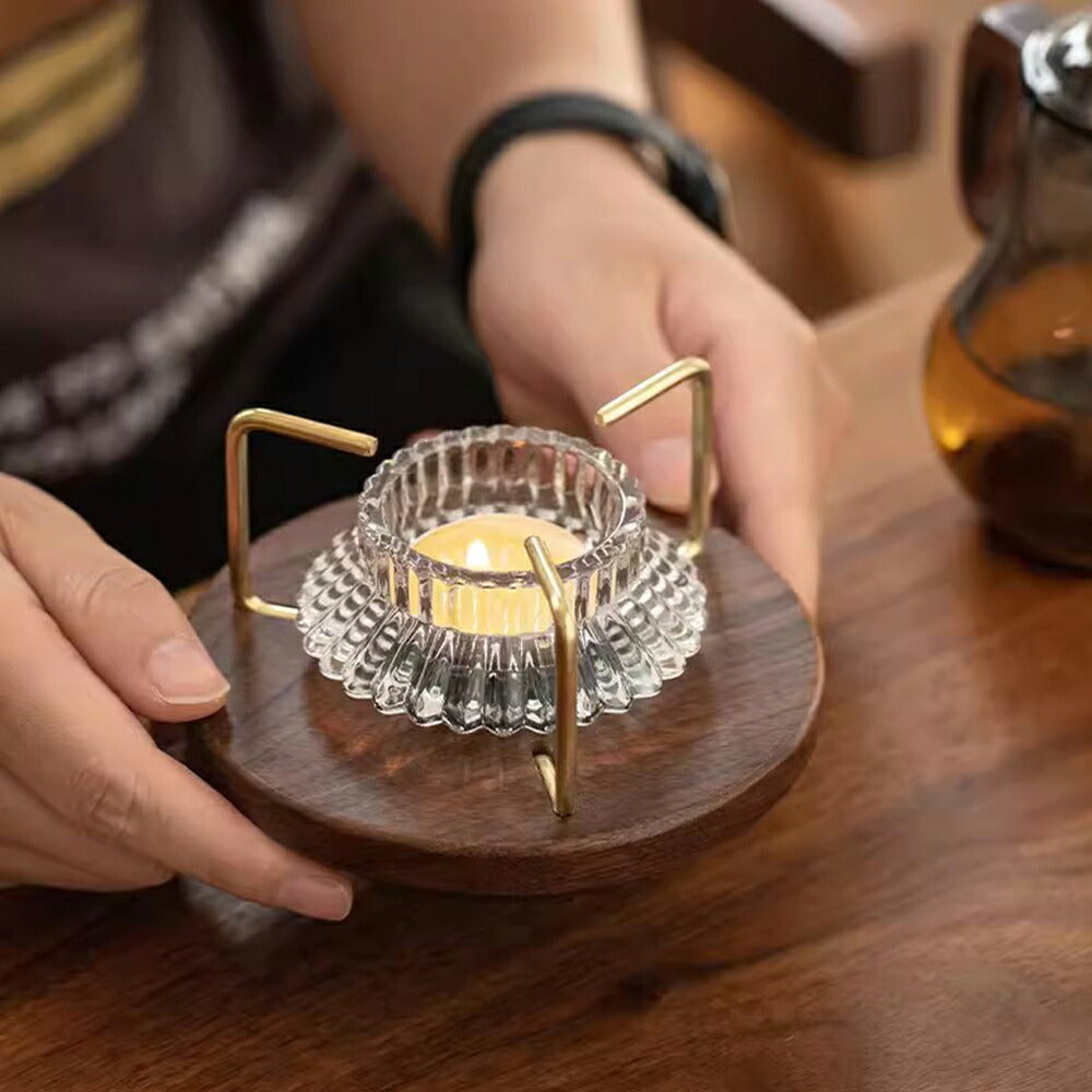 IwaiLoft Wood Art 漏れ出る光が美しい ティーウォーマー キャンドルスタンド キャンドルウォーマー 保温 胡桃木 温茶器 ポットウォーマー ウールナット 木製 おしゃれ 耐熱ガラス ティーポット 急須スタンド ティーポットを温める台 ティーシーン