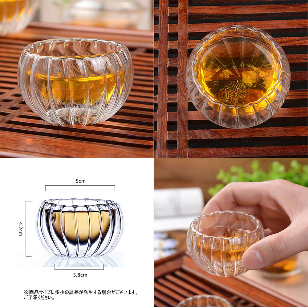 IwaiLoft かわいい 耐熱ガラス グラス 筋入れ ダブルウォールグラス ガラスコップ おちょこ ローグラス 冷茶グラス ティーグラス 結露しにくい 電子レンジOK【セット買いがお得】【送料無料】