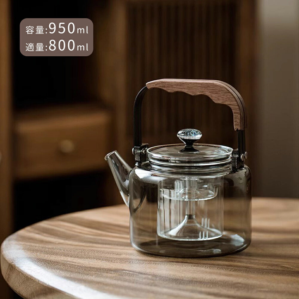 IwaiLoft 耐熱ティーポット ガラス 950mL ヤカン 湯沸かし 蓋に星空 北欧 木製持ち手 茶こし付き おしゃれ ガラス急須 ジャンピング 紅茶ポット フルーツティー 麦茶 お茶 蒸茶 煮茶 に ガラス急須 直火可 プレゼント ギフト