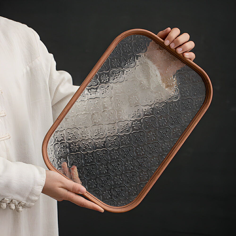 IwaiLoft 楽天1位!高評価&リピーター多数 フローラガラス トレー トレイ ガラス 盛器 丸長角皿 30cm 35cm 透明 お皿 ガラス プレート 木 カフェトレー ガラス ティートレー カフェプレート おしゃれ ガラス皿 花海棠柄 木枠オリエンタル盆トレー シノワズリレトロ