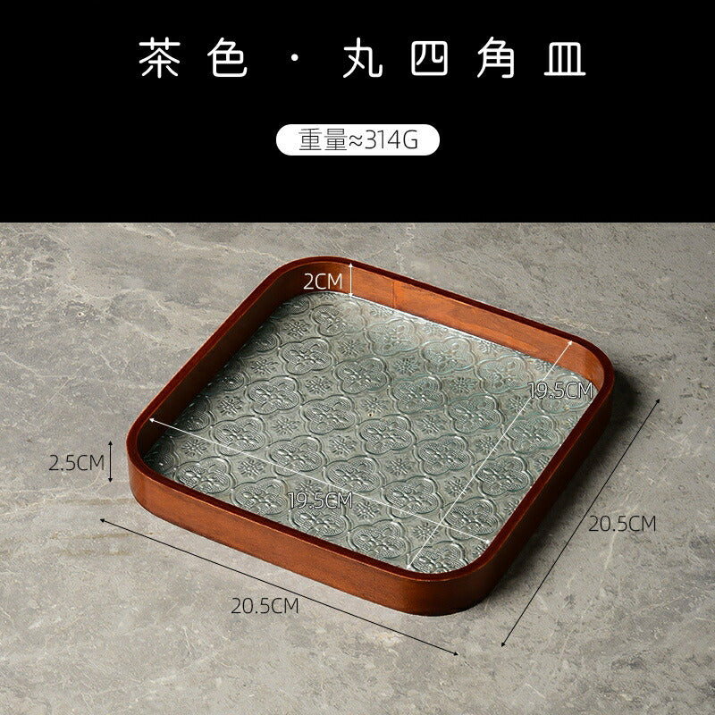 IwaiLoft 花海堂柄 フローラガラス トレー トレイ 木製 カフェトレー ガラス コースター 茶托 ティートレー おしゃれ お家カフェ 胡桃の木 お盆 おしゃれ インテリア 小物入れ
