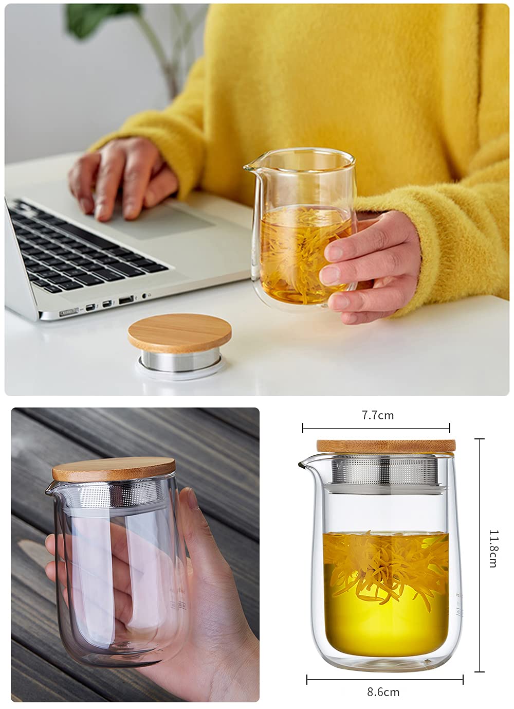 IwaiLoft 2層断熱ガラス コーヒーサーバー ダブルウォール ジャグ 耐熱ガラス ティーポット ワンタッチ リーフポット・ピュア 電子レンジ・食洗機対応 300mL