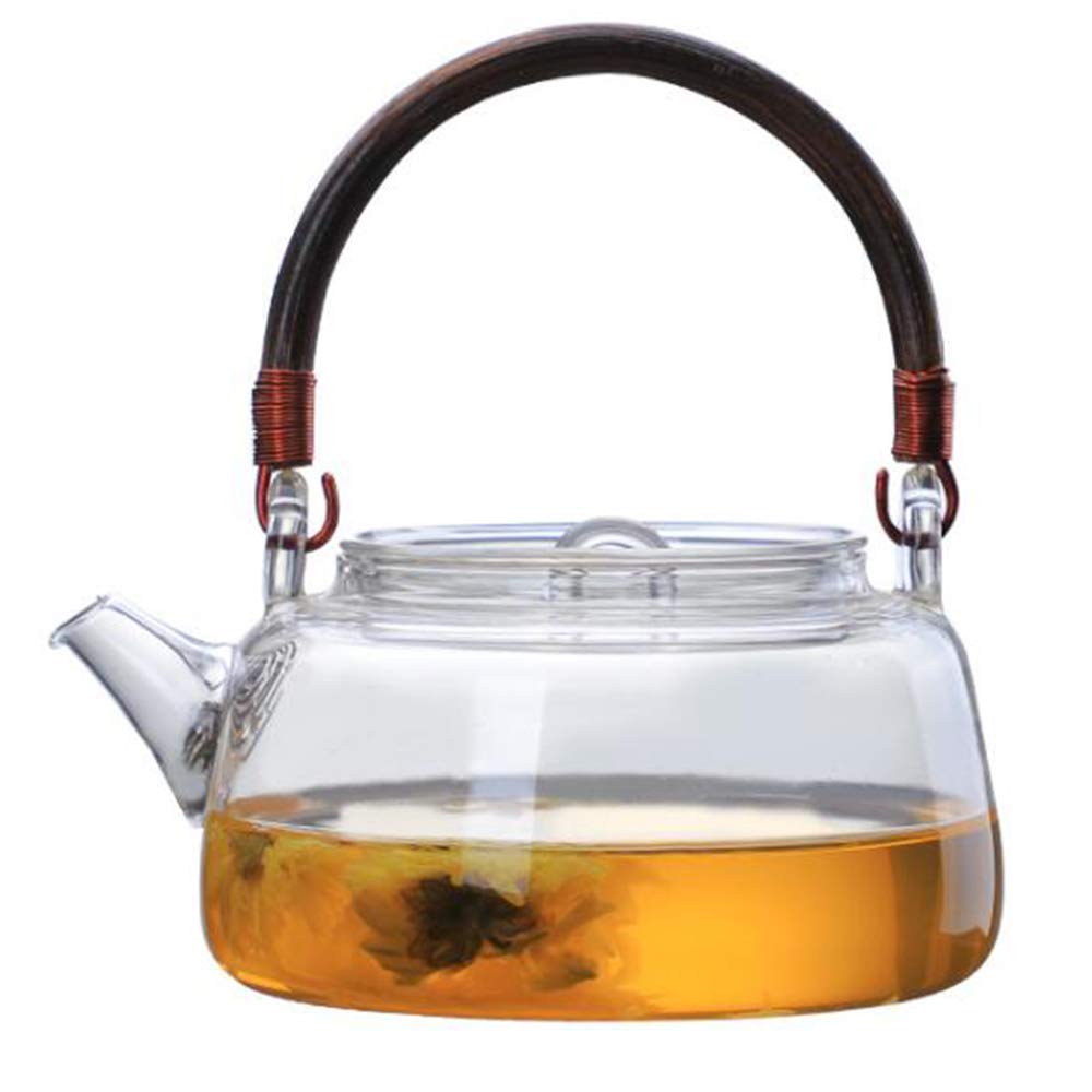 IwaiLoft 手作り 耐熱ガラス ティーポット 茶こし付き ガラス製ポット 木製 竹製 持ち手 ジャンピング 紅茶ポット フルーツティー リーフティー 花茶 工芸茶 ハーフティー に 直火可 大容量 IL-G1968 (平丸, 500mL-1000mL)