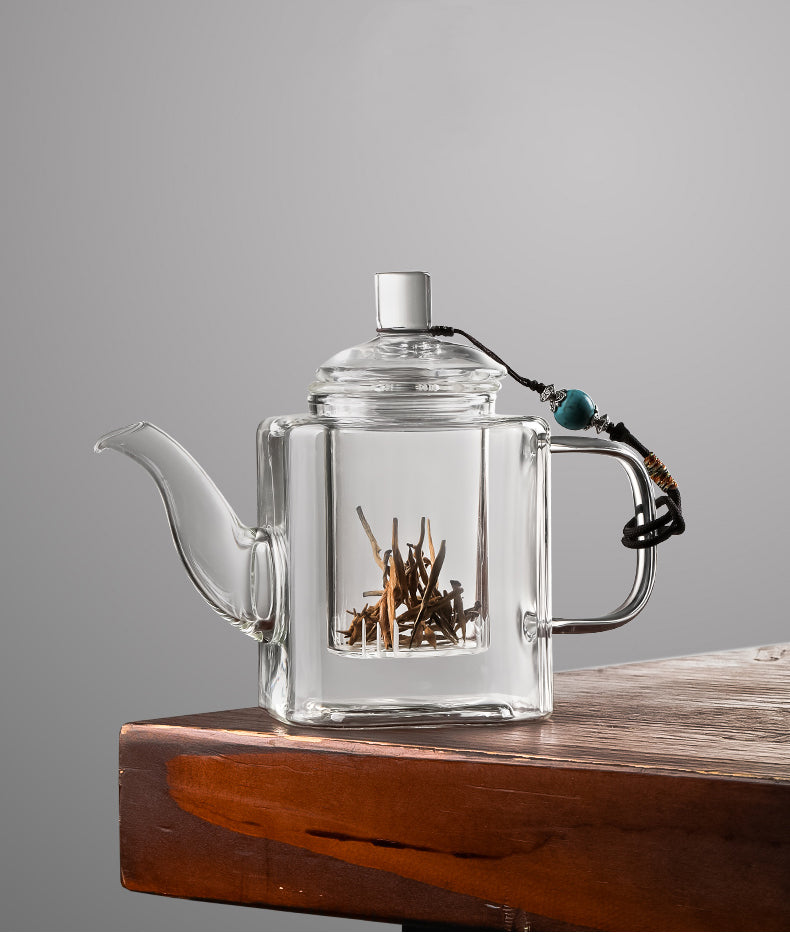 【直火可】IwaiLoft 四方 耐熱ガラス ティーポット 急須 茶こし付き ガラス製ポット 手作り ジャンピング 紅茶ポット お茶ポット ガラスポット 花茶 工芸茶 ハーフティー に ガラス急須 健康茶器 一人暮らし アフターティー お家ティータイム