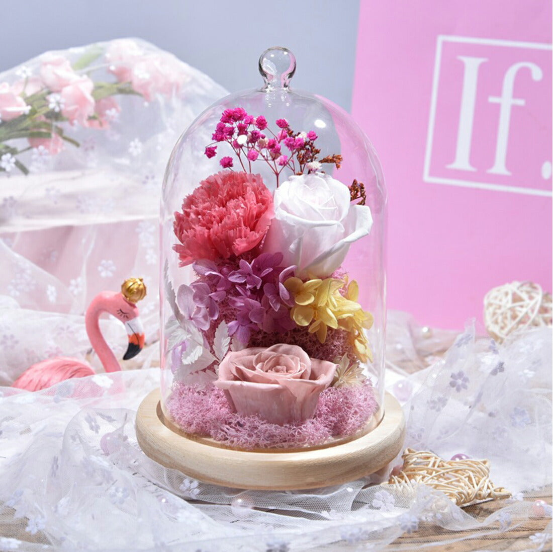 IwaiLoft プリザーブドフラワー ギフト ローズ×カーネーション プレゼント 枯れないお花のアレンジ 誕生日プレゼント・お祝い・発表会・贈り物に ガラスドーム 母の日 彼女 妻 プレゼント 誕生日 結婚祝い フラワー インテリア 縁起物