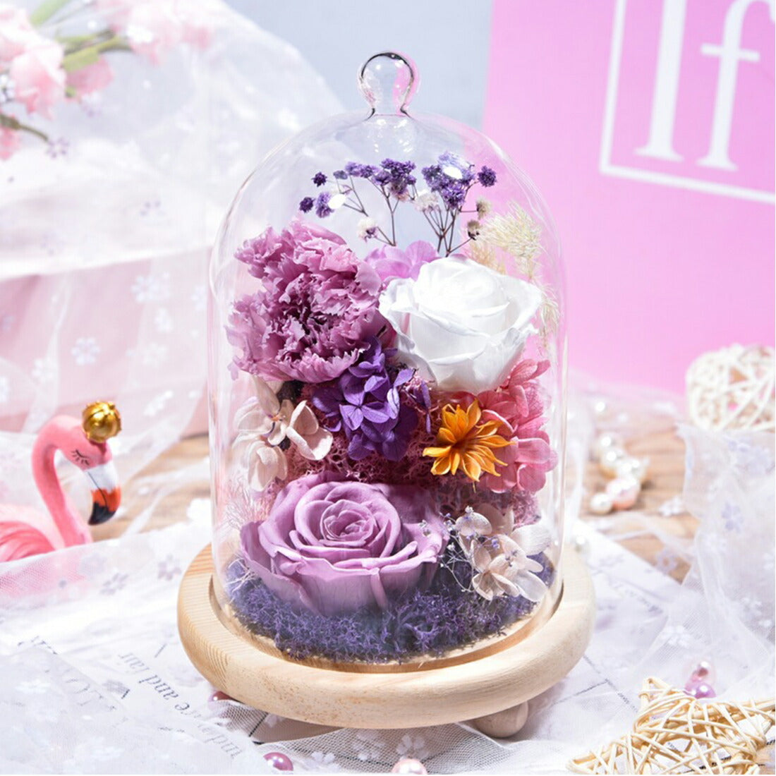 IwaiLoft プリザーブドフラワー ギフト ローズ×カーネーション プレゼント 枯れないお花のアレンジ 誕生日プレゼント・お祝い・発表会・贈り物に ガラスドーム 母の日 彼女 妻 プレゼント 誕生日 結婚祝い フラワー インテリア 縁起物