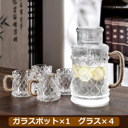 IwaiLoft 美しい佇まい フローラガラス 冷水筒 スリムジャグ ガラスサーバー ガラスポット ピッチャー 2200ml 2.2L 大容量 熱湯 麦茶ポット 麻ロープ 麻縄 麻紐 麻ひも ウォーターピッチャー ウォーターカラフェ 小 透明 ジャグ 水差し ドリンクピッチャー ピクルスポット
