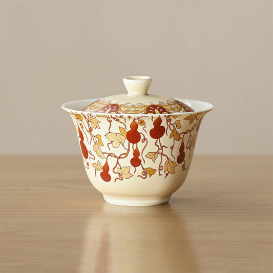 【瓢箪・盃】縁起が良い ひょうたん 蓋碗 ソーサー付き トレー 植物柄 160ml 白磁 中国茶器 敦煌 磁器 茶器 茶杯 中国 景徳鎮 茶芸 IwaiLoft
