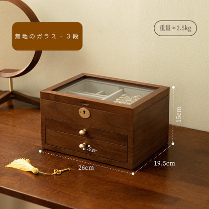 鍵付き ジュエリーボックス アクセサリーケース 木製 フローラガラス 仕切り調整 2段 3段 大容量 銘木 ウールナット 透明 窓付き ガラス ウッドケース ロック機能 おしゃれ 宝石箱 アクセサリー 収納ケース 指輪 リング ピアス/ネックレス/メガネ/時計収納 母の日 プレゼント