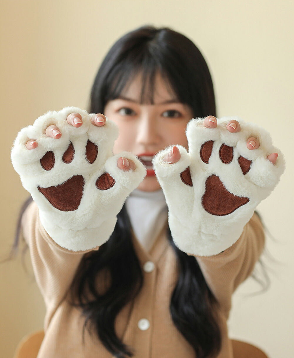 ネコ肉球 手袋 かわいい 暖かい 防寒 冬 ミトン 指なし もこもこ 女性 レディース 冬物 手袋 スマートフォン対応　秋冬 防風 防寒 学生 通勤 通学 自転車 アウトドア ファー 暖かい イベント ミトン手袋「選べる福袋対象」kiyokyou