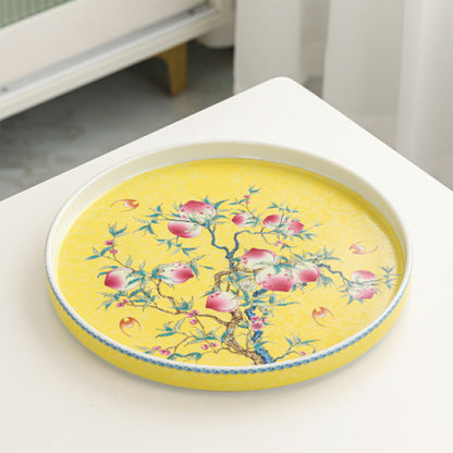 「みずみずしい桃の絵柄・九桃」丸 トレー お皿 円 丸皿 28cm お盆 シノワズリレトロ調 平皿 中皿 取り皿 取皿 菓子皿  ティートレー カフェトレー プレート モーニングトレー 菓子 副菜 ケーキ 盛器 ワンプレート かわいい 磁器 和食器 IwaiLoft