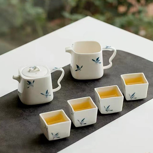 IwaiLoft 手描きの蘭 【6点ティーセット 】急須 ガラスボウル 茶杯 分茶器 茶器 素焼 湯のみ 公道杯 湯呑み お茶 コップ 陶磁器 来客用 お茶用品 ティーウェア 中国茶器 台湾茶器 贈り物にも【セット買いがお得】