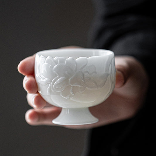 IwaiLoft 蘭の花 高級 茶杯 湯のみ 湯呑み 高足 小 白磁 お茶 カップ コップ 猪口 そばちょこ ティーカップ ティーコップ 手づくり おしゃれ 来客用 お茶用品 ティーウェア 白い器 茶器 中国茶器 台湾茶器 白い器 贈り物にも 食洗機対応 電子レンジ対応