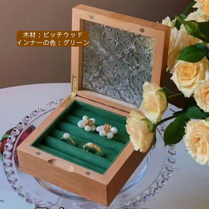 ローラガラス 指輪ケース 指輪ボックス ジュエリーボックス アクセサリーケース 木製 ビーチウッド ウールナット フ ガラス ウッドケース おしゃれ  宝石箱  プロポーズ 箱 収納ケース ガラスケース スクエア 四角形 指輪収納 母の日 プレゼントIwaiLoft