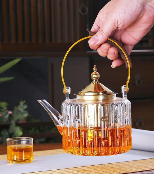 しなやかな強さをもつ竹 耐熱ガラス ティーポット やかん 煮出し 薬膳ポット 1000ml 1L 湯沸かし器 大容量 ガラス 直火 ガラスティーポット ガラスポット 木製の持ち手 透明 金色の蓋 ガラス茶器 紅茶ポット おしゃれ 竹デザインポット 花茶 工芸茶 母の日ギフト IwaiLoft