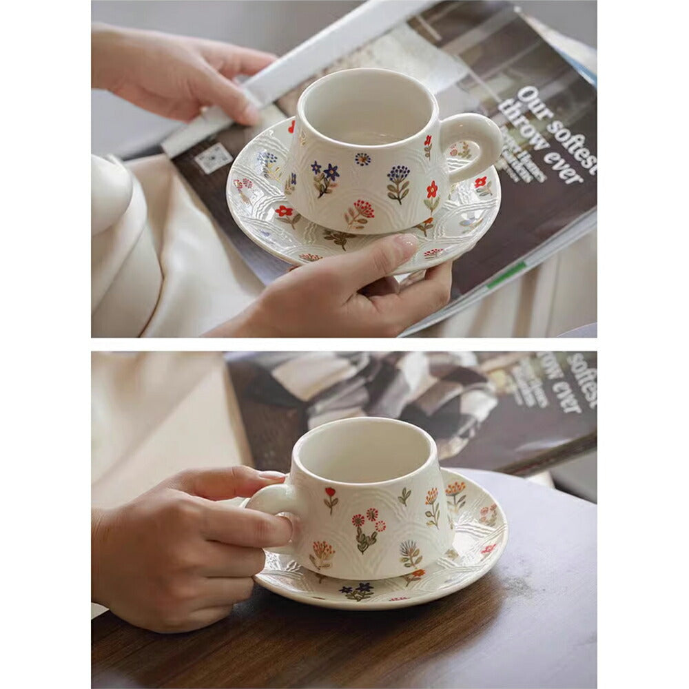 美しい 花柄 マグカップ＆プレート 白陶器 コップ カップ マグ ソーサー セット  洋食器 コーヒー 紅茶  レストラン 北欧 食器 皿 レトロ 和食器 ナチュラル レトロ デザイン おしゃれ ペアマグ 喫茶店 誕生日 プレゼント お祝い 内祝 結婚祝い 出産祝 引越し iwailoft