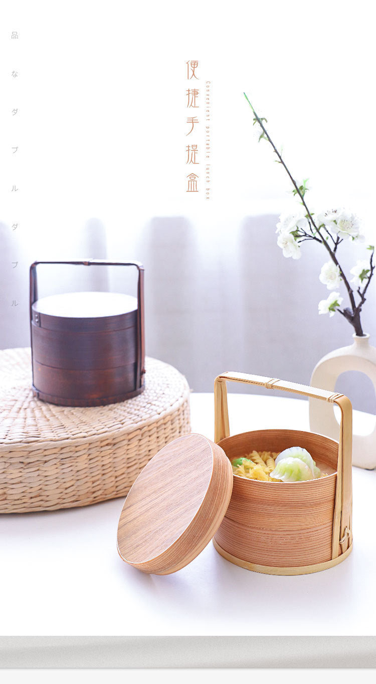自然素材にこだわった 二段 手作り 弁当箱 曲げわっぱ お弁当箱 おせち 重箱 2段 漆塗り かご 木 かご ハンドル付き バスケット手提げ かわいい お正月 迎春 花見 木細工 和風収納 小物収納 茶道具 インテリア 雑貨 おしゃれ 自宅 家庭 イベント 清境Carft