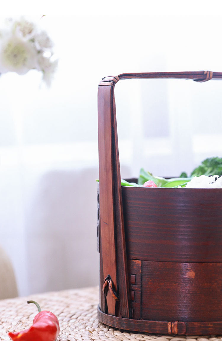 自然素材にこだわった 二段 手作り 弁当箱 曲げわっぱ お弁当箱 おせち 重箱 2段 漆塗り かご 木 かご ハンドル付き バスケット手提げ かわいい お正月 迎春 花見 木細工 和風収納 小物収納 茶道具 インテリア 雑貨 おしゃれ 自宅 家庭 イベント 清境Carft