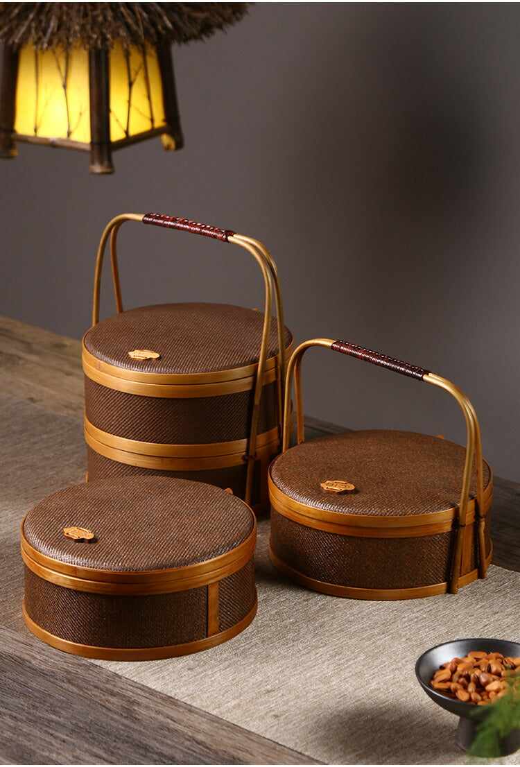 竹籠□３段重ね下げ重□煎茶道具 弁当箱 竹細工 伝統工芸 茶箱 茶籠 - 食器