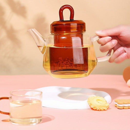 IwaiLoft 琥珀 ガラス ティーポット 600ml  耐熱ティーポット ガラス急須 ガラス ポット 北欧 おしゃれ ジャンピング 紅茶ポット フルーツティー 麦茶 お茶 お茶ポット 中国茶 茶器 直火可 母の日 プレゼント ギフト