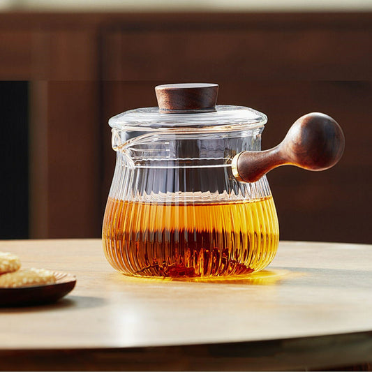 IwaiLoft ワンタッチ ティーポット 耐熱ガラス ガラスティーポット コーヒーサーバー 横手 ガラスポット ガラス急須 400ml ガラス 急須 ガラスポット 平急須 広口 湯冷まし 紅茶ポット 日本茶 ルイボスティー  緑茶 リーフティーポット ハーブティーポット おすす め 直火可