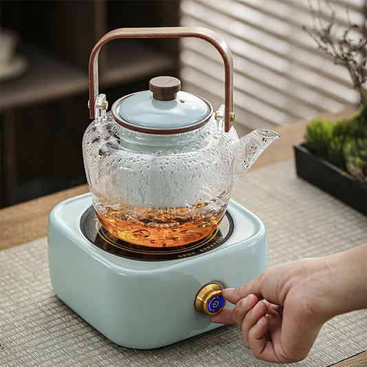 雨過天青 汝窯 青磁 耐熱ガラス ティーポット 1L ガラス急須 陶磁器の茶こし ガラスティーポット 耐熱ティーポット ガラスポット 紅茶ポット だし汁ポット だし茶漬け お酒 湯煎ジャグ 木製持ち手 水差しポット お茶ポット 茶器 直火 母の日 プレゼント IwaiLoft