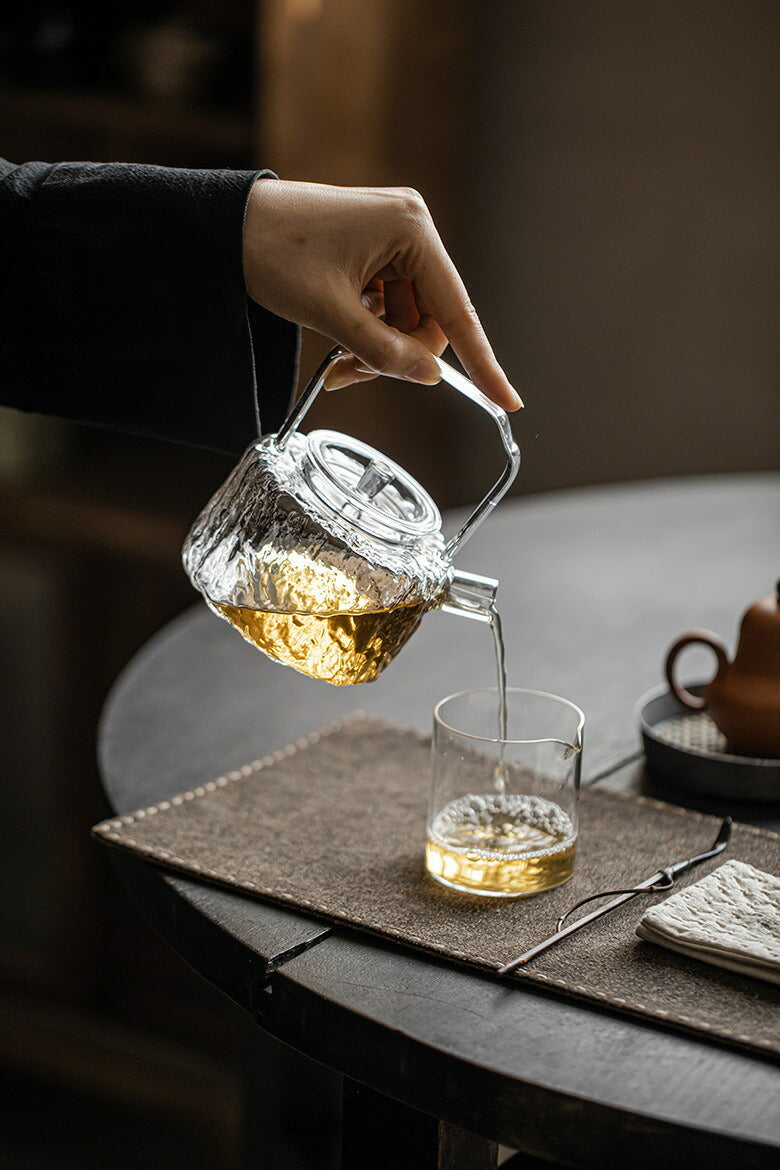 IwaiLoft 手作り 耐熱 水波紋ティーポット ガラス 茶こし付き ガラスポット 透明 グレー 450ml 急須 ジャンピング 紅茶ポット フルーツティー 花茶 工芸茶 に ガラス急須 直火可