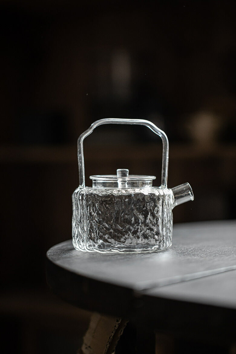 IwaiLoft 手作り 耐熱 水波紋ティーポット ガラス 茶こし付き ガラスポット 透明 グレー 450ml 急須 ジャンピング 紅茶ポット フルーツティー 花茶 工芸茶 に ガラス急須 直火可