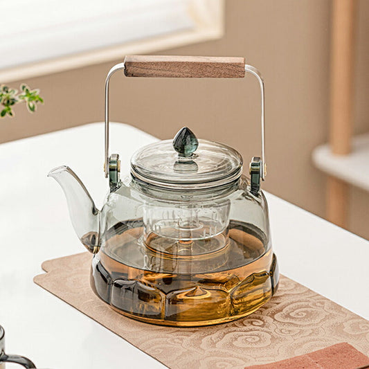 蓮の花・沈着 耐熱ティーポット ガラス 1000ml 1L ガラスティーポット 耐熱ガラス やかん 薬膳 木製の持ち手 大容量 煮出し 湯沸かし器 薬膳ポット 蓮 はす グレー 透明 ジャンピング 紅茶ポット 蒸茶 煮茶 に 直火 母の日 ギフト お茶のある暮らし お茶の時間IwaiLoft