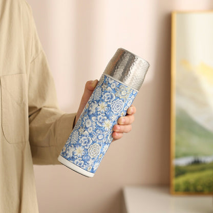 【新作・480ml】レトロで可愛い 水筒 ワンプッシュタイプ  マグボトル 魔法瓶 保温瓶 真空 ステンレスボトル 二重断熱構造 保温ポット ハンドル付き 花柄 おしゃれ 保温効果 キャンプ 携帯 アンティーク IwaiLoft