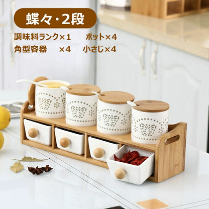 透かし彫り蛍手 調味料ポット 調味料入れ スプーン付き 調味料ランク 竹蓋 スパイスジャー 3個 4個 セット ナチュラル かわいい  砂糖入れ 塩入れ 調味料ケース キャニスター 手作り 白磁 玲瓏 ほたるで 透彫 食器 磁器 ほたる おしゃれ キッチン収納 台所 保存容器 IwaiLoft