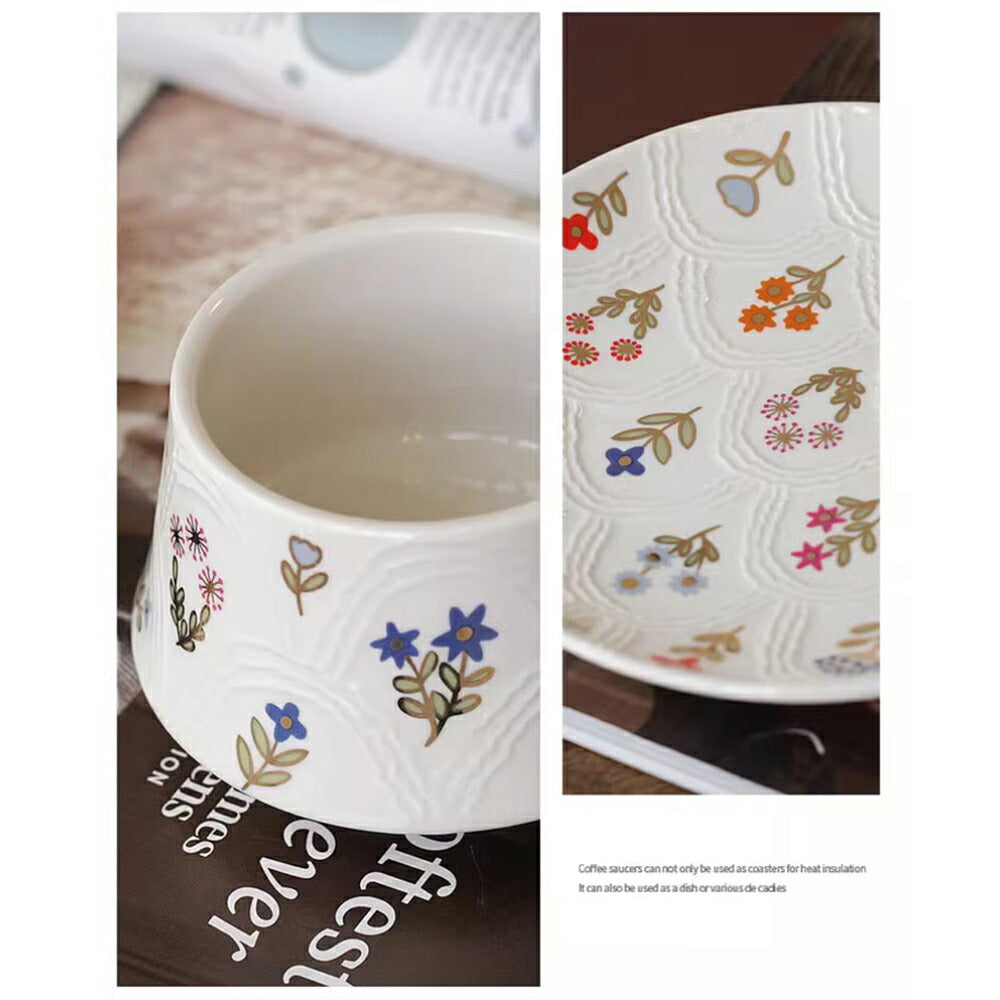 美しい 花柄 マグカップ＆プレート 白陶器 コップ カップ マグ ソーサー セット  洋食器 コーヒー 紅茶  レストラン 北欧 食器 皿 レトロ 和食器 ナチュラル レトロ デザイン おしゃれ ペアマグ 喫茶店 誕生日 プレゼント お祝い 内祝 結婚祝い 出産祝 引越し iwailoft