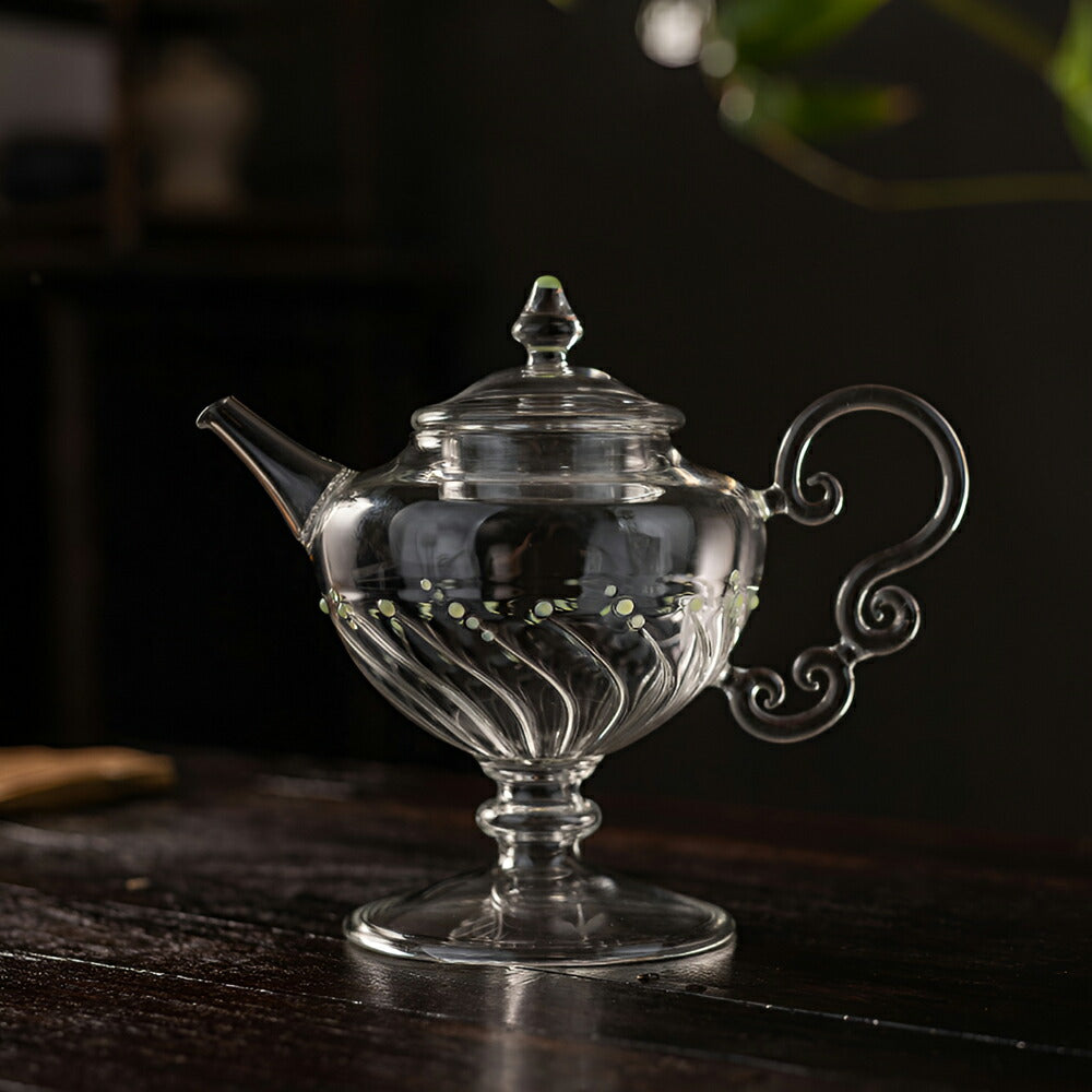 IwaiLoft 十卿 Glass Art 工芸作家作品 耐熱ガラス 夢 ティーポット 高台 ガラス 急須 430ml  ガラス製ポット 紅茶ポット お茶ポット ガラスポット 花茶 工芸茶 ハーフティー に健康茶器 アフターティー お家ティータイム  母の日プレゼント 化粧箱付き
