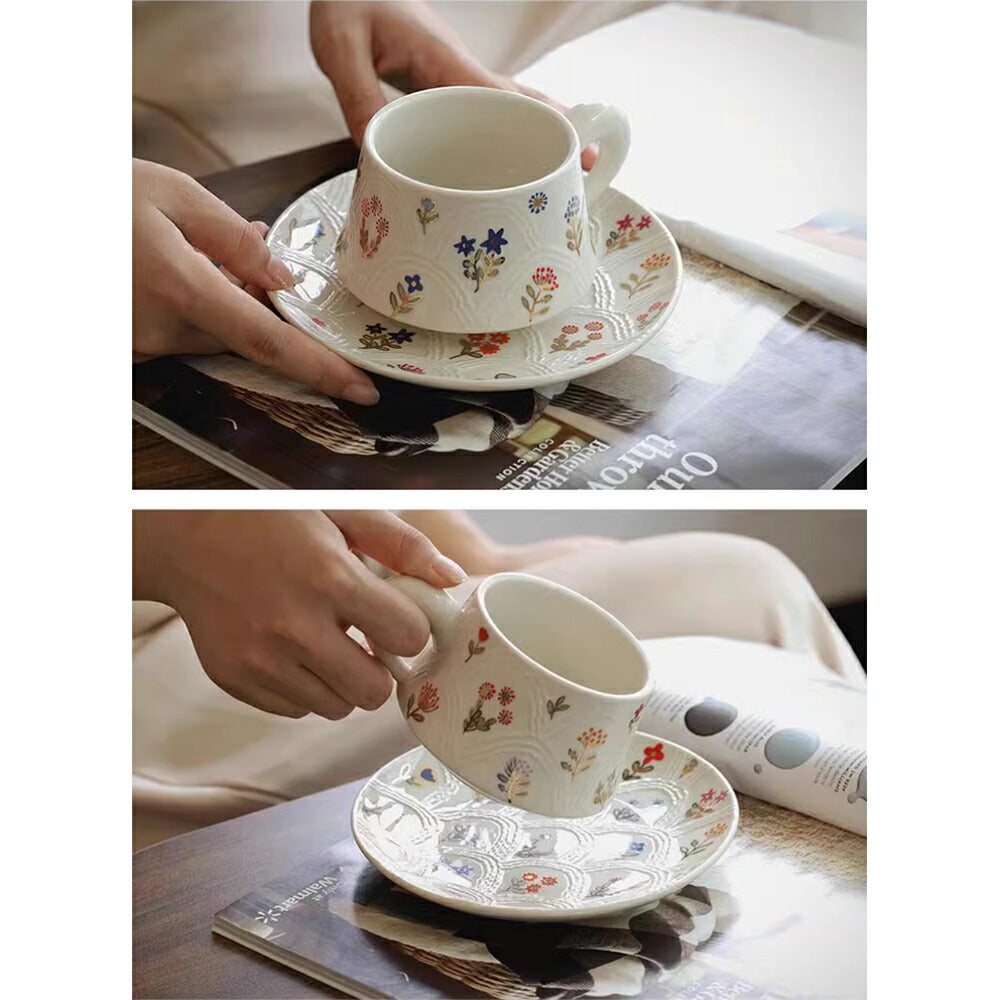 美しい 花柄 マグカップ＆プレート 白陶器 コップ カップ マグ ソーサー セット  洋食器 コーヒー 紅茶  レストラン 北欧 食器 皿 レトロ 和食器 ナチュラル レトロ デザイン おしゃれ ペアマグ 喫茶店 誕生日 プレゼント お祝い 内祝 結婚祝い 出産祝 引越し iwailoft