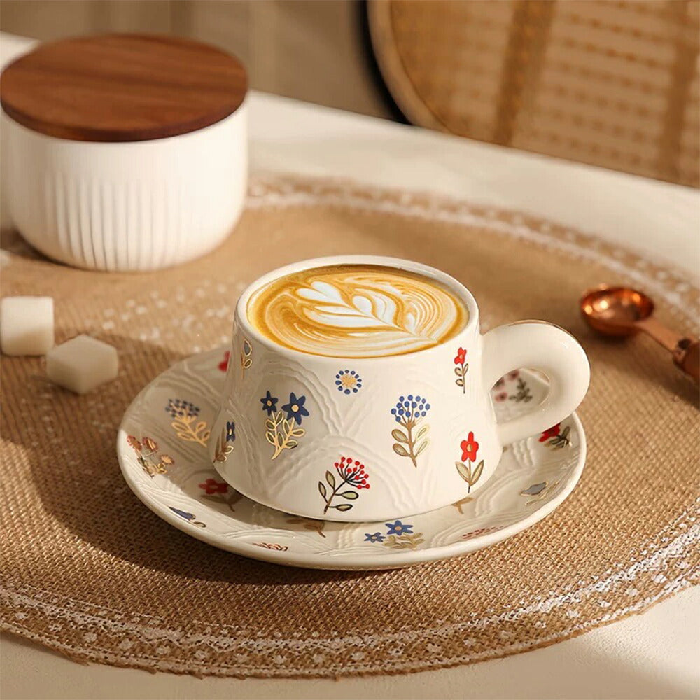 美しい 花柄 マグカップ＆プレート 白陶器 コップ カップ マグ ソーサー セット  洋食器 コーヒー 紅茶  レストラン 北欧 食器 皿 レトロ 和食器 ナチュラル レトロ デザイン おしゃれ ペアマグ 喫茶店 誕生日 プレゼント お祝い 内祝 結婚祝い 出産祝 引越し iwailoft