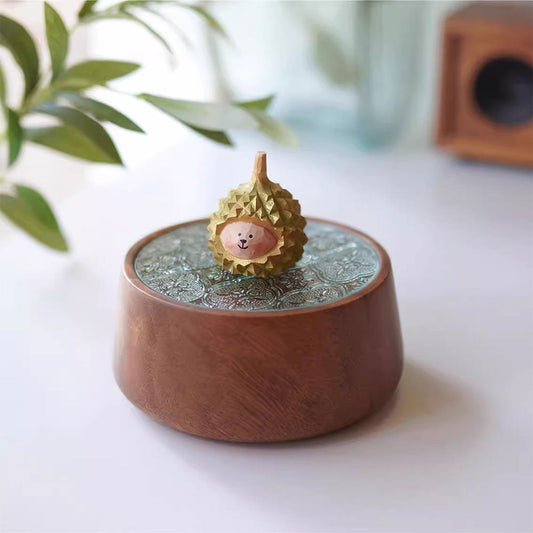 木製 収納ケース＆ティートレー 丸形 可愛い 動物 収納ボックス 彫刻 フローラガラス 天然木 クルミ材 卓上 収納ケース アクセサリーケース 収納箱 裁縫箱 裁縫道具 お菓子 おもちゃ 小物収納 おしゃれ 玄関収納インテリア 小物入れ オブジェ IwaiLoft