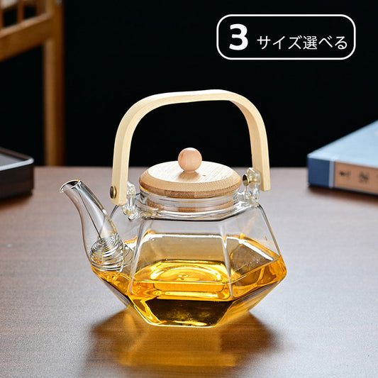 六方 耐熱ガラス ティーポット ガラスケトル やかん ガラスティーポット 茶こし付き 竹製持ち手 ガラス製ポット ガラス急須 ジャンピング 紅茶ポット フルーツティー 花茶 工芸茶 ハーフティー に ガラス急須 直火可 送料無料 IwaiLoft