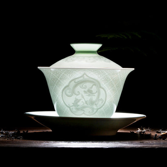 IwaiLoft 青磁 影青磁 蓋物 蓋付碗 珍味入れ 宝瓶 蓋碗 彫刻 湯冷まし 茶器 磁器 手作り 景徳鎮 中国茶器 台湾茶器 岩茶 茶器 父の日 母の日 ギフト