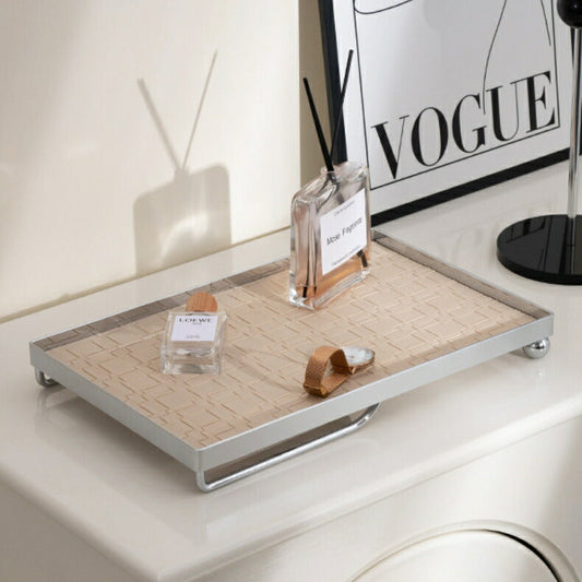 北欧 トレー レザートレイ ステンレス 35cm PUレザー 小物 トレー ディスプレイトレー アクセサリーケース ジュェリートレー カフェトレー 持ち手付き 長角盆 長手盆 角膳 角盆 トレイ マネートレー デスクトレー 角 スクエア 金属 PUレーザーのトレー 文房具収納 IwaiLoft