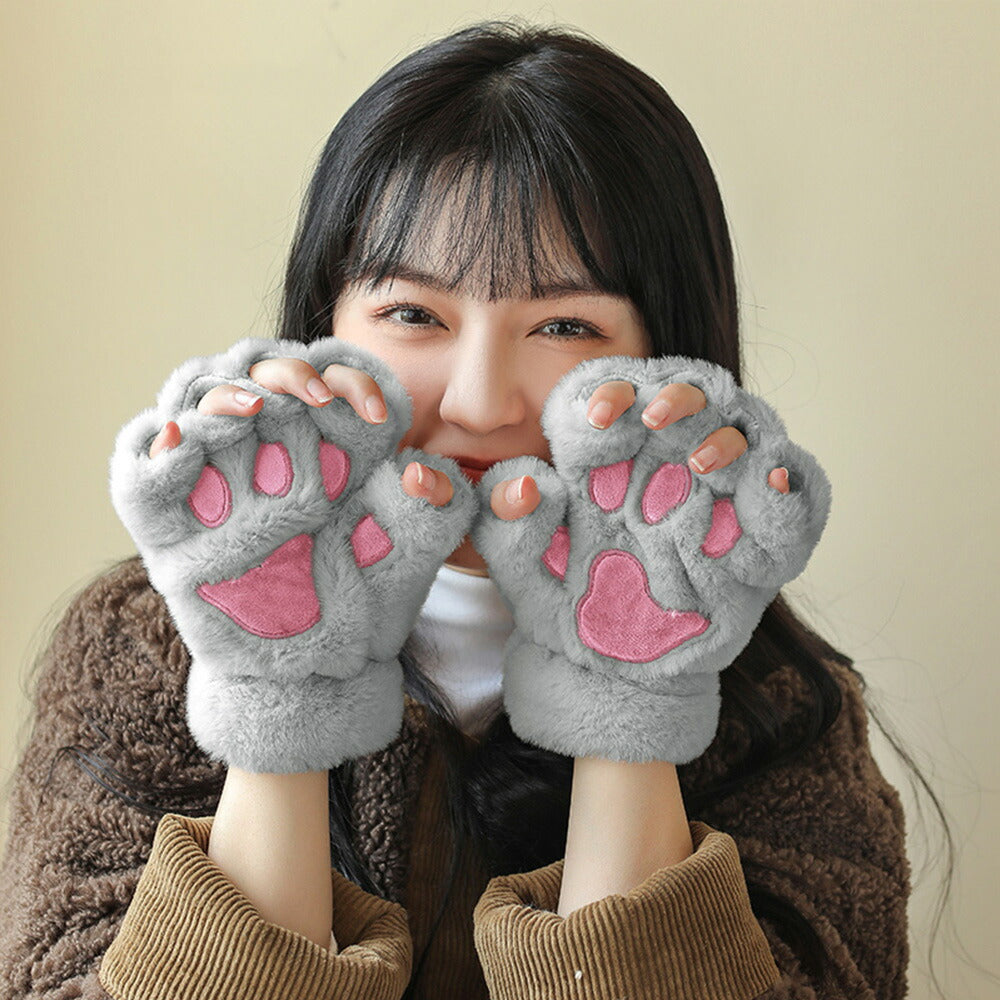 ネコ肉球 手袋 かわいい 暖かい 防寒 冬 ミトン 指なし もこもこ 女性 レディース 冬物 手袋 スマートフォン対応　秋冬 防風 防寒 学生 通勤 通学 自転車 アウトドア ファー 暖かい イベント ミトン手袋「選べる福袋対象」kiyokyou