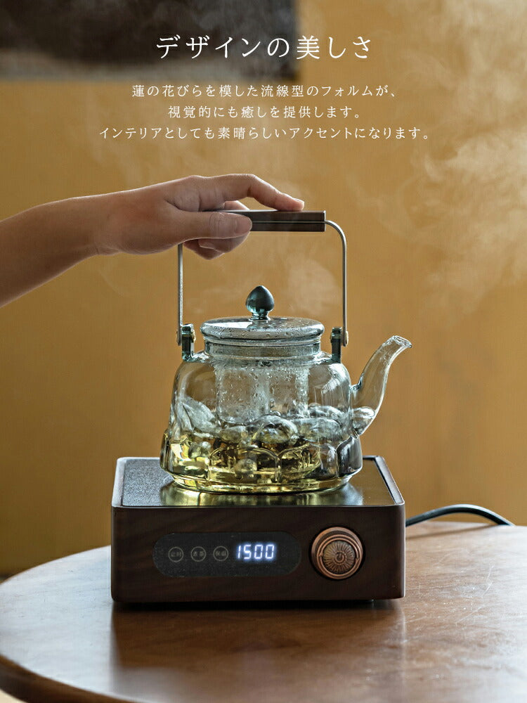 蓮の花びら形ティーポット 耐熱ガラス やかん ダイヤモンド型の取っ手 蓮華型 ティーポット グレー＆透明 湯沸かし器 1100ml 大容量 ヤカンの代わりに ガラス ポット 手作り 持ちやすい ジャンピング 紅茶ポット フルーツティー 花茶 工芸茶 ハーフティー【直火可】IwaiLoft
