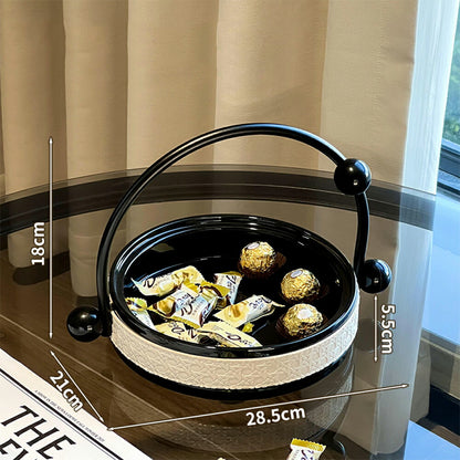 モダンな表情 フルーツバスケット お菓子入れ ボウル 卓上回転トレー 360回転式  北欧 丸型 小物入れ 皿 お菓子･果物収納かご フルーツ入れ フルーツボウル おしゃれ ハンドル付き 1段 陶磁器 PUレザー キッチン 北欧 食器 パーティー おしゃれ 新生活 IwaiLoft